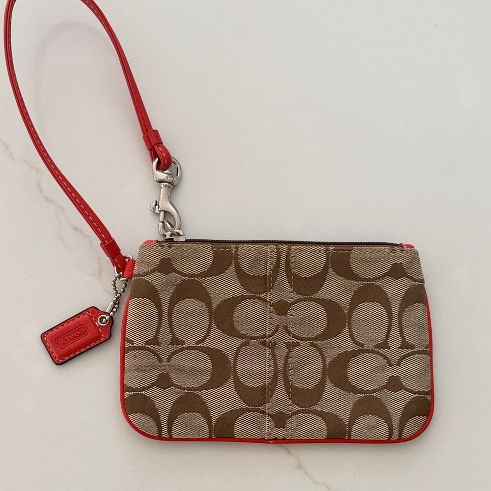 Coach Brown Signature Canvas Wristlet with Red Trim